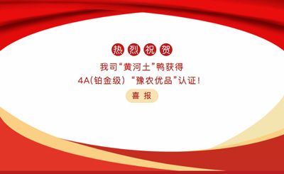 【喜報】—我司黃河土鴨獲4A(鉑金級）“豫農(nóng)優(yōu)品”認證！
